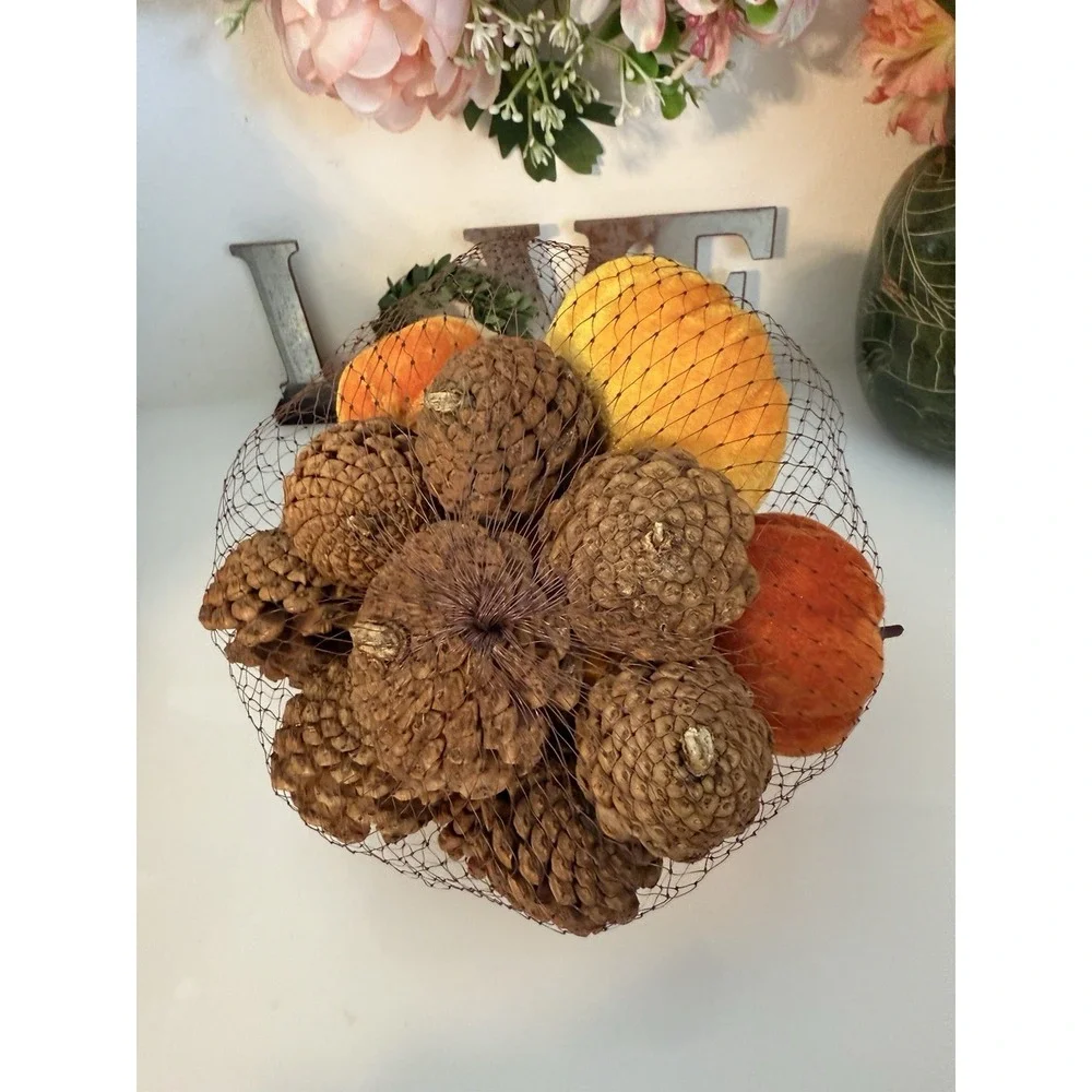 Fall 16 Pcs Velvet Pumpkin and Pinecones Net Bag Decoration Set Assort Sizes New